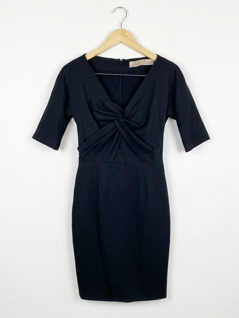Lela Rose Black Twist Front Sheath Dress Silk Lined Made in USA Size 4 Designer